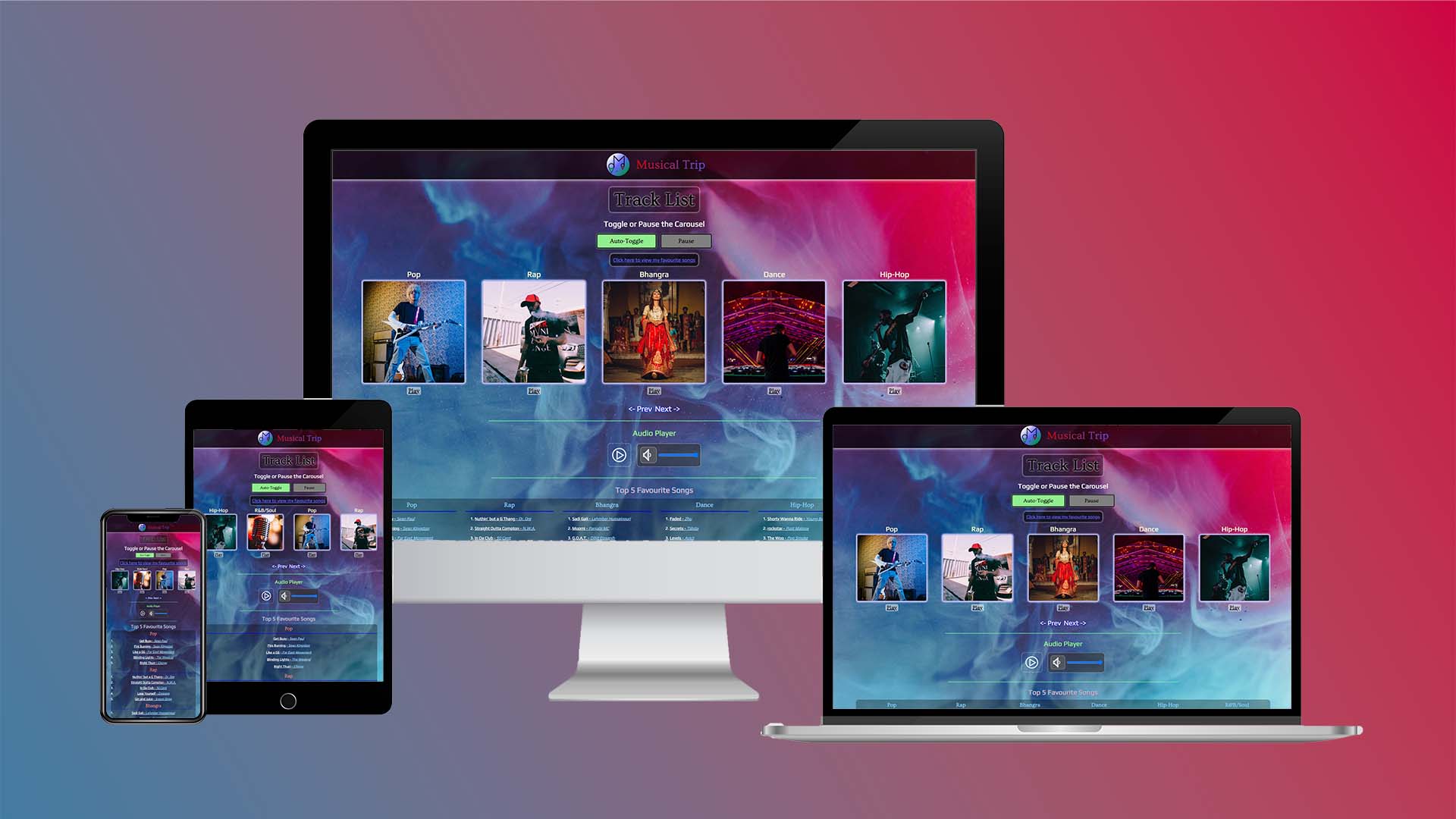 mock-up of musical trip website on a desktop